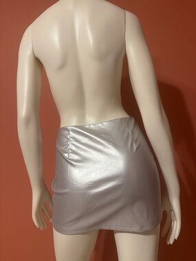 Silver Faux Leather Buckle Mini Skirt